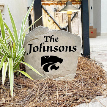 Engraved Kansas State University Name Stone with a custom family name and the Kansas State Wildcats logo, bringing collegiate spirit and timeless style to front yard landscapes, walkways, and home entrances.