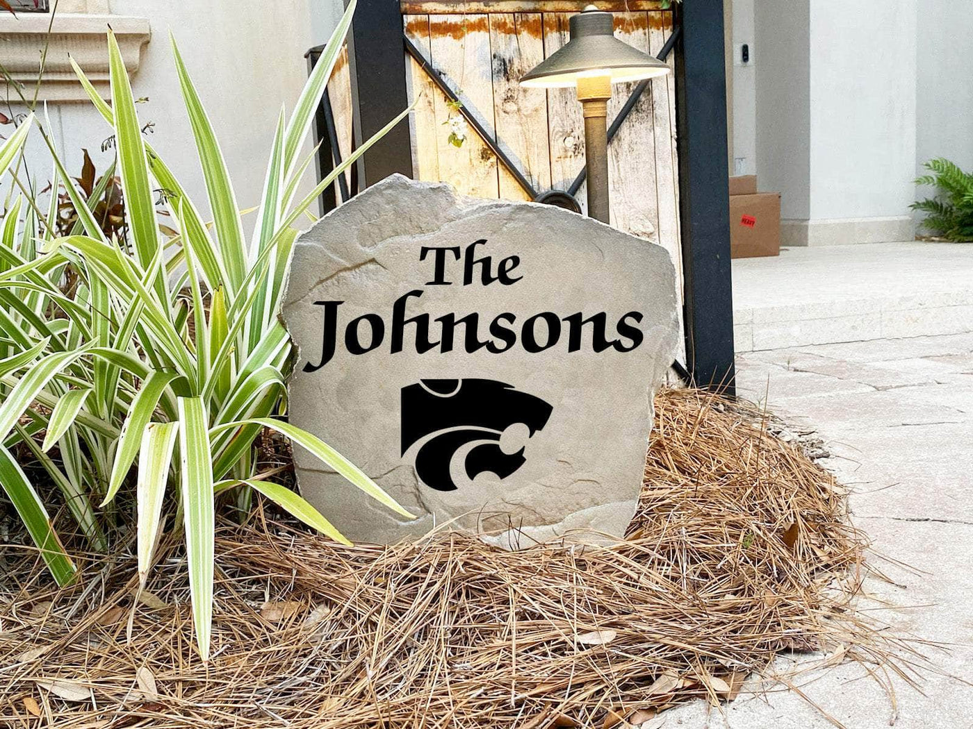 Garden decor rock featuring Kansas State and custom name