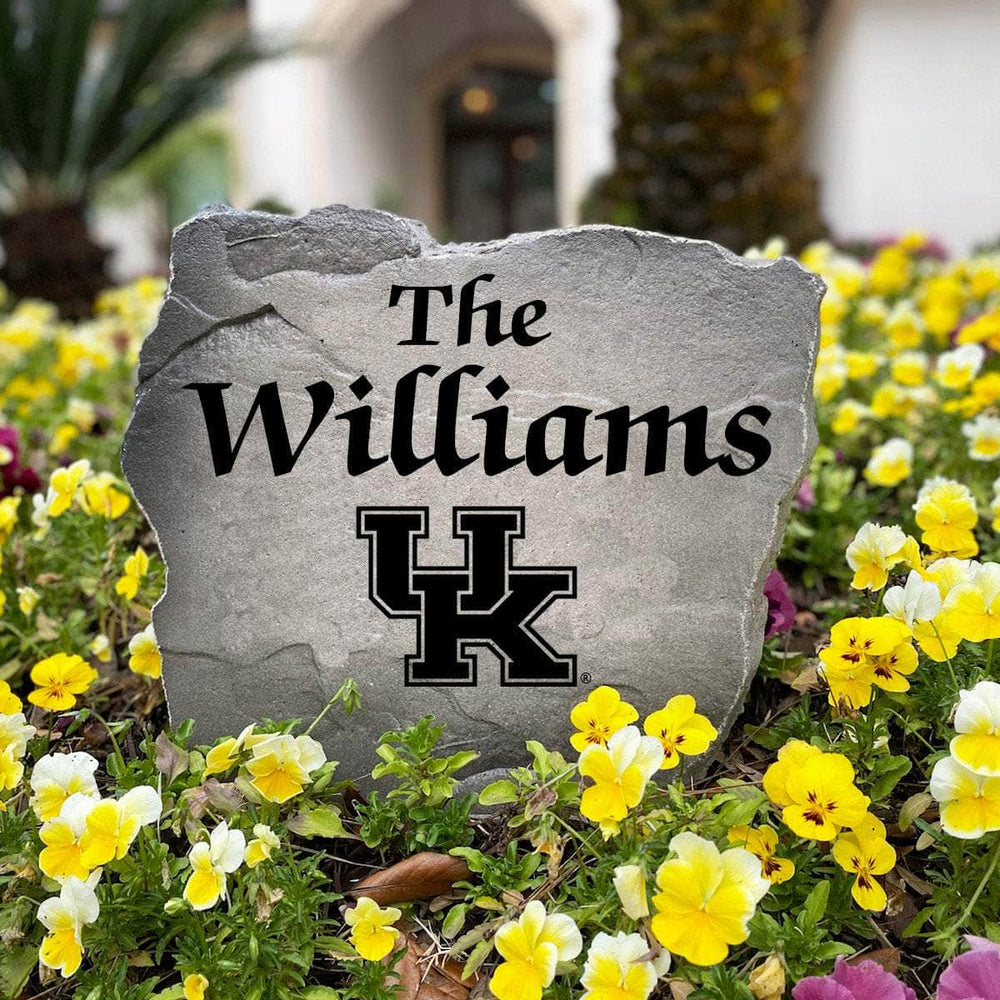 Officially licensed Kentucky Wildcats Name Stone handcrafted in the USA with custom family engraving and detailed team artwork. This decorative garden stone enhances landscape beds, patios, and outdoor living spaces with lasting beauty and school spirit.