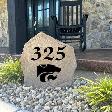 Decorative Kansas State Wildcats Address Stone featuring personalized house numbers permanently engraved into the stone surface alongside the official team logo. Perfect for driveways, patios, gardens, and landscape beds, this address marker celebrates Kansas State tradition.