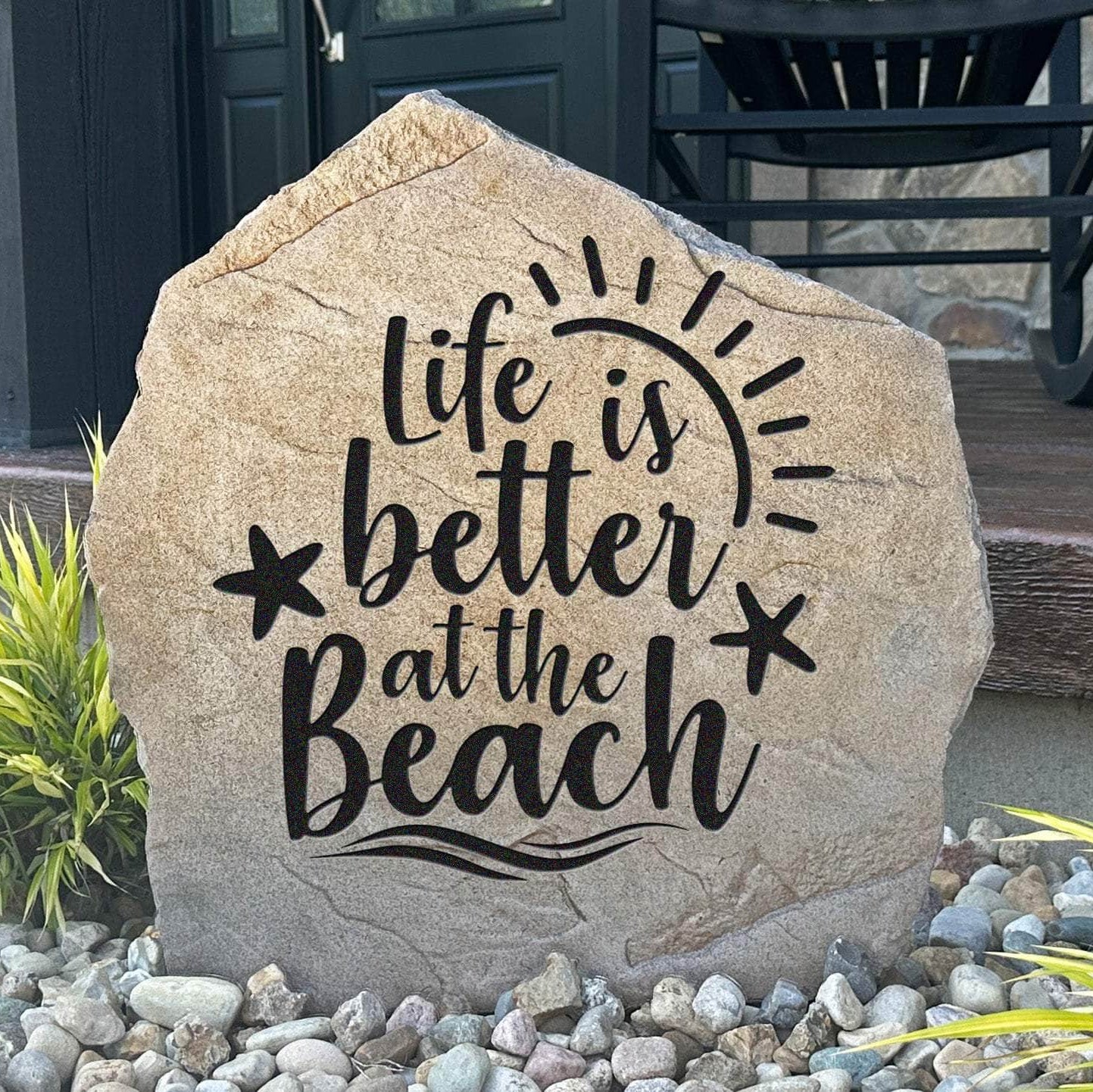 Life Is Better At The Beach engraved stone bringing relaxed coastal charm to beach houses, lake homes, patios, and tropical-inspired landscapes.