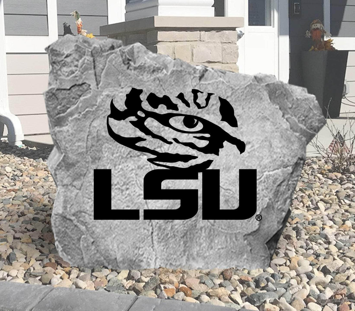 Outdoor LSU Tigers logo rock for landscaping décor