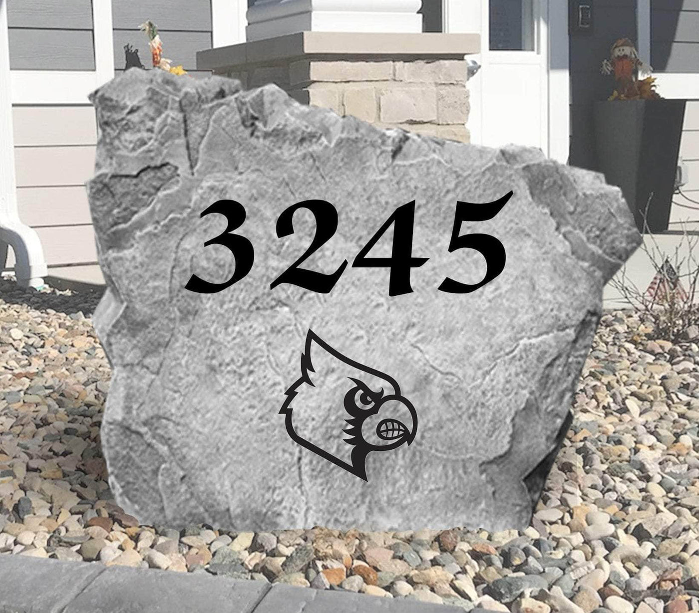 Personalized outdoor rock with Louisville Cardinals address and emblem