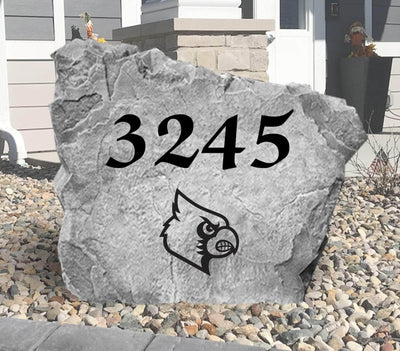 Personalized outdoor rock with Louisville Cardinals address and emblem