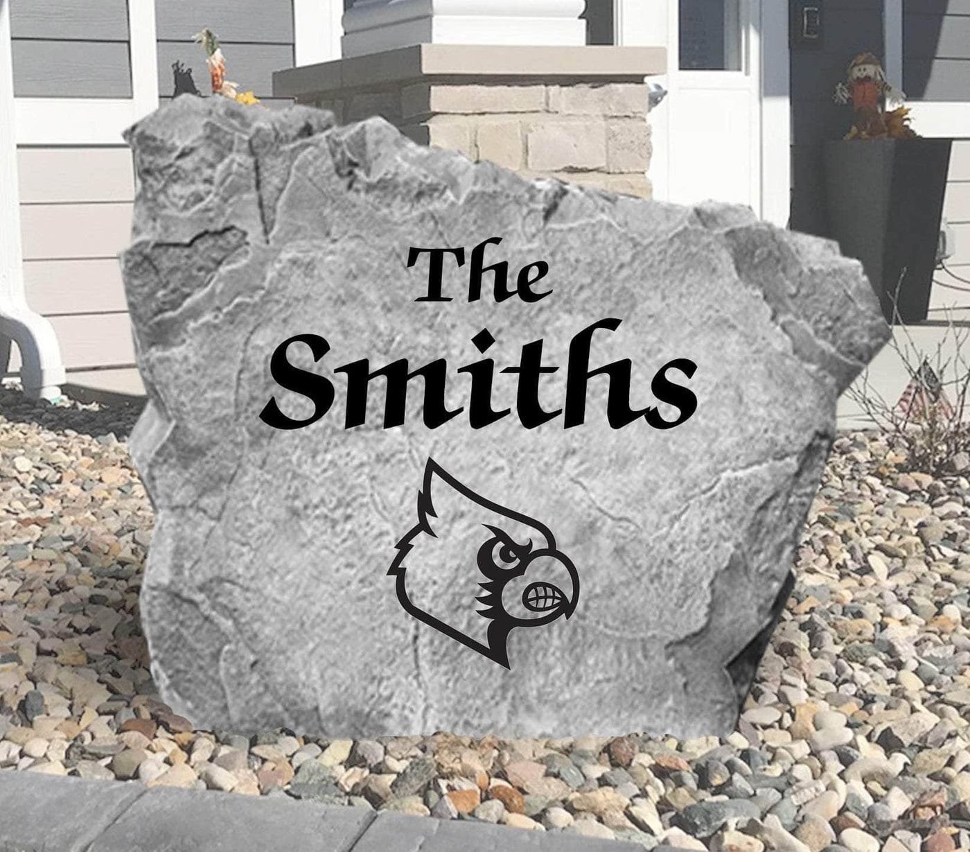 Custom outdoor rock with Louisville Cardinals name engraving
