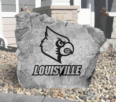 Decorative garden rock with Louisville Cardinals emblem