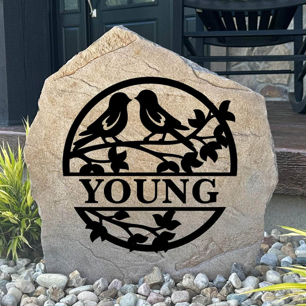 Personalized Love Birds Monogram Stone featuring a custom initial and charming bird design engraved directly into the stone surface. This decorative garden stone adds timeless elegance and curb appeal to front yards, patios, gardens, and entryways.