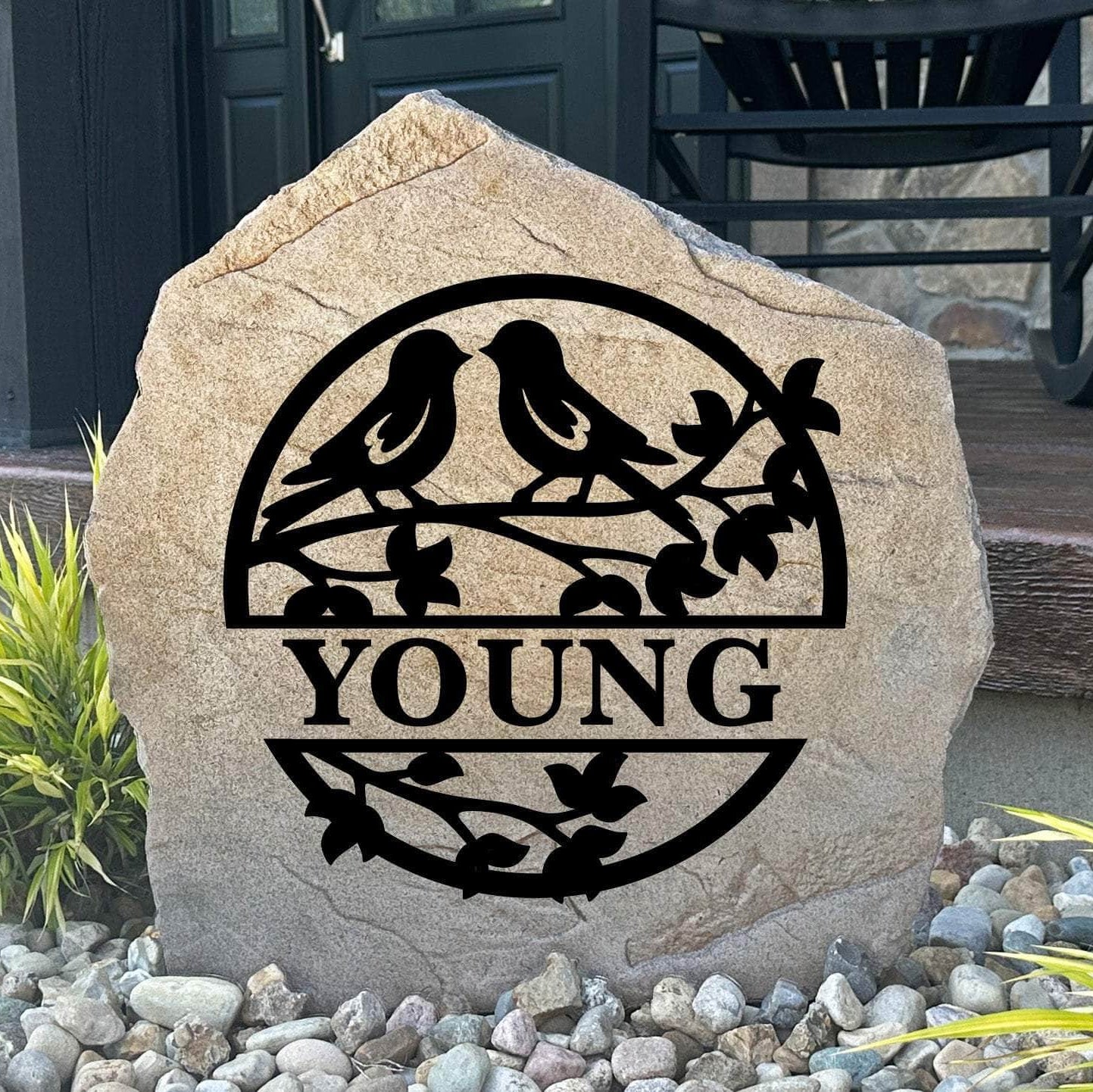 Personalized Love Birds Monogram Stone featuring a custom initial and charming bird design engraved directly into the stone surface. This decorative garden stone adds timeless elegance and curb appeal to front yards, patios, gardens, and entryways.