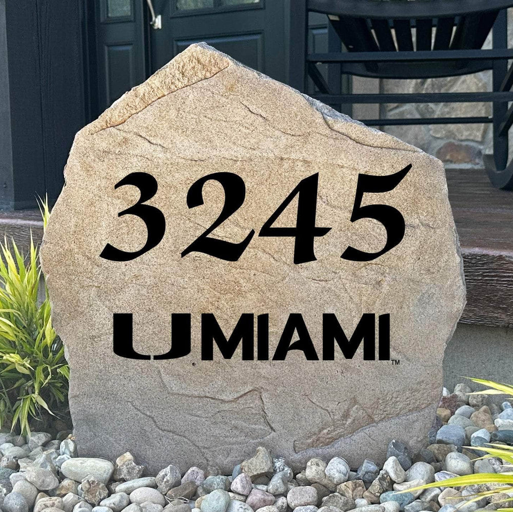 Officially licensed University of Miami Address Stone featuring custom house numbers and the iconic Miami Hurricanes logo engraved directly into the stone surface. This personalized address marker adds school pride and curb appeal to front yards, gardens, driveways, and entryways.