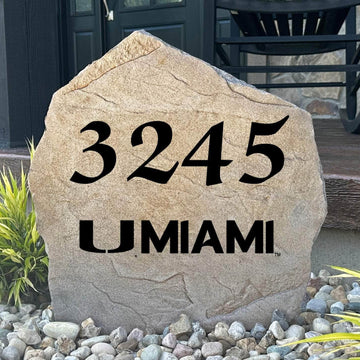 Officially licensed University of Miami Address Stone featuring custom house numbers and the iconic Miami Hurricanes logo engraved directly into the stone surface. This personalized address marker adds school pride and curb appeal to front yards, gardens, driveways, and entryways.