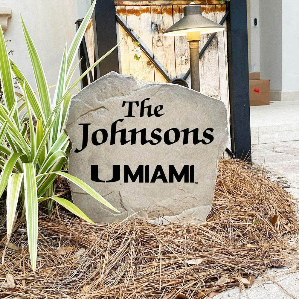 Engraved University of Miami Name Stone with a custom family name and the Miami Hurricanes logo, bringing collegiate spirit and timeless style to front yard landscapes, walkways, and home entrances.