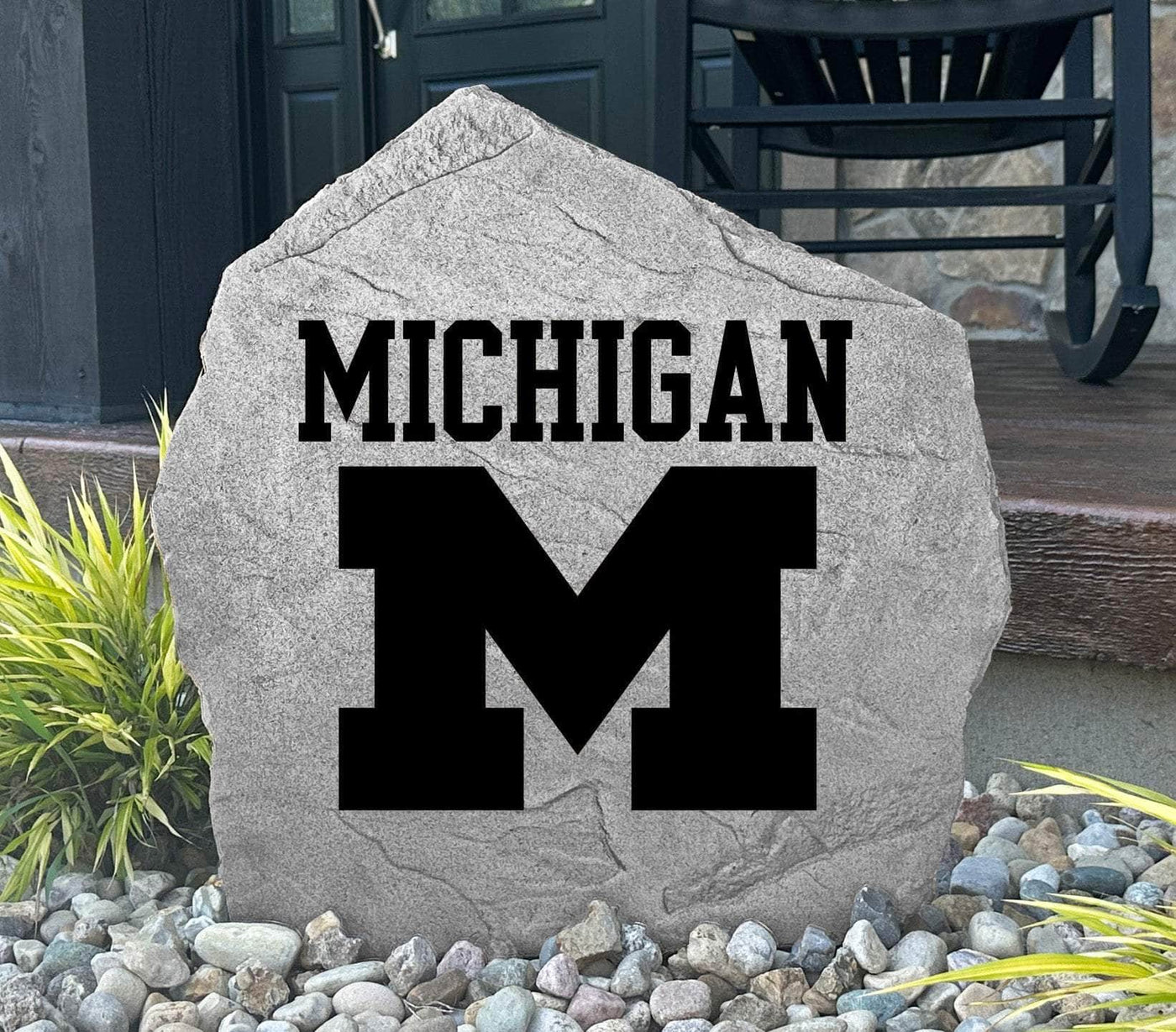 Engraved rock with Michigan Wolverines logo, great for porches, gardens, or gifting.