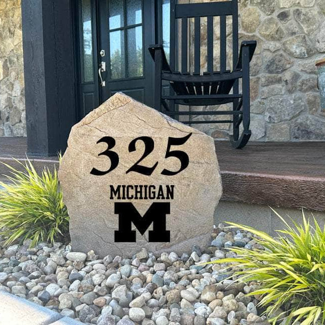 Officially licensed Michigan Wolverines Address Stone handcrafted in the USA with custom house numbers and engraved team artwork. This personalized address marker enhances curb appeal for alumni homes, patios, and landscape beds.