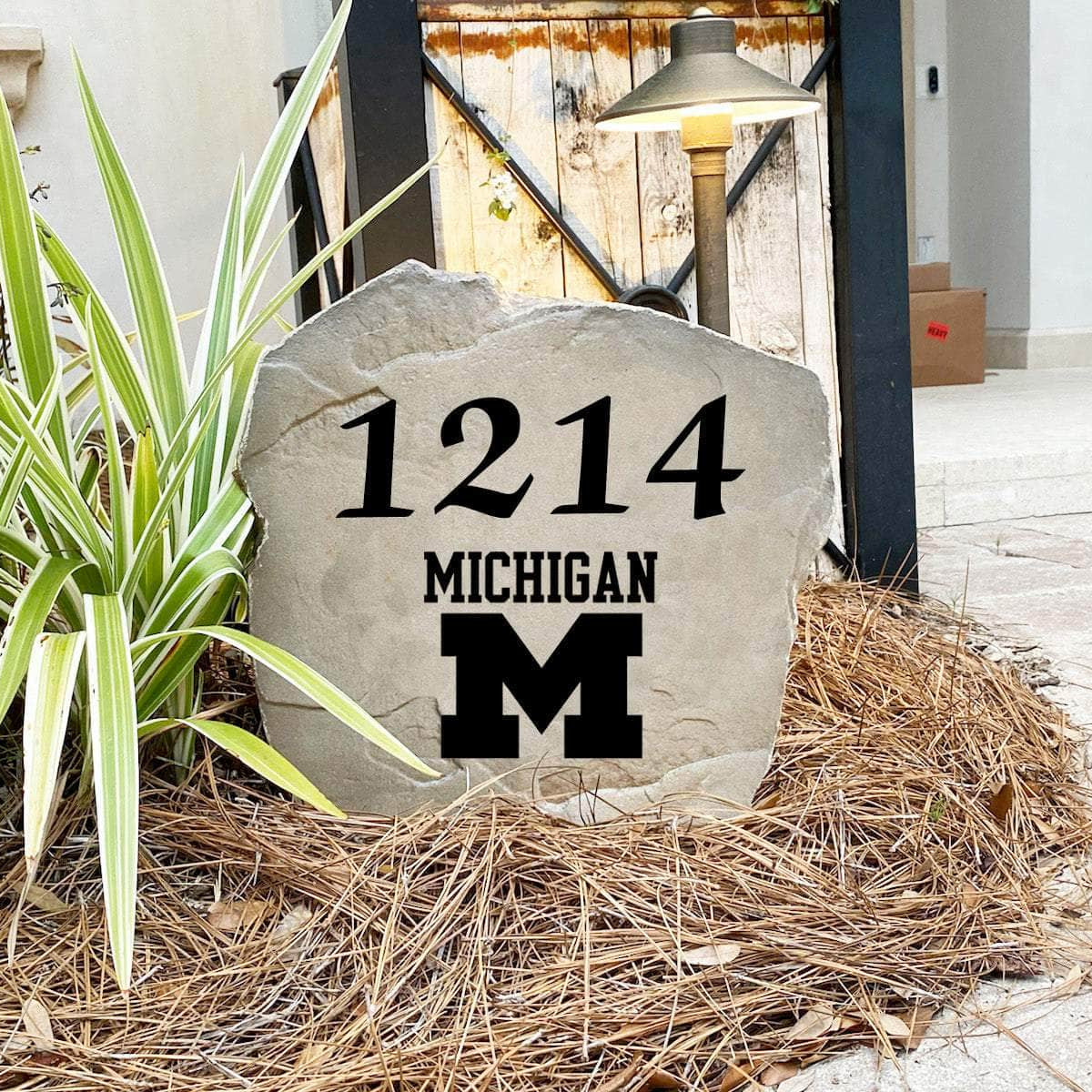 Engraved University of Michigan Address Stone with custom house numbers and the Michigan Wolverines logo, bringing collegiate spirit and timeless style to front yard landscapes, walkways, and home entrances.