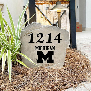 Engraved University of Michigan Address Stone with custom house numbers and the Michigan Wolverines logo, bringing collegiate spirit and timeless style to front yard landscapes, walkways, and home entrances.