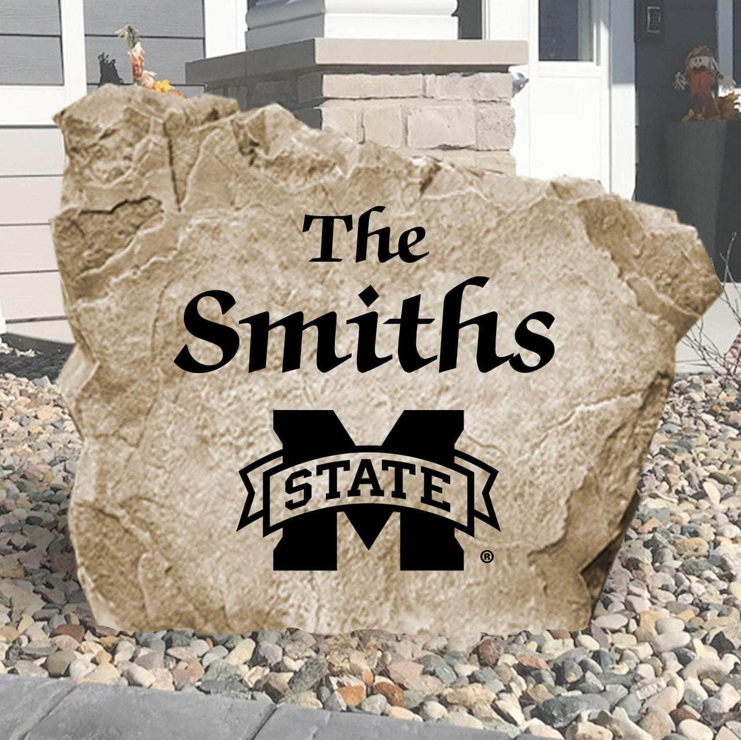 Personalized Mississippi State University Name Stone engraved with your family surname, creating a bold Bulldogs-inspired centerpiece for your outdoor landscape.
