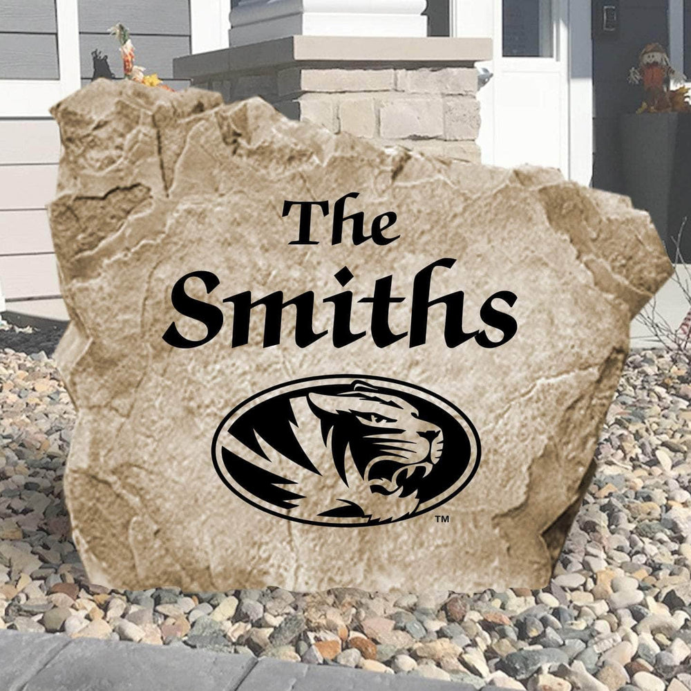 Personalized University of Missouri family name stone featuring custom engraving that brings timeless Tigers pride to your home's landscape.