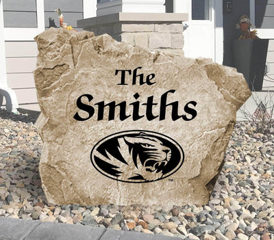 Personalized University of Missouri name rock for outdoor decor and gifting.