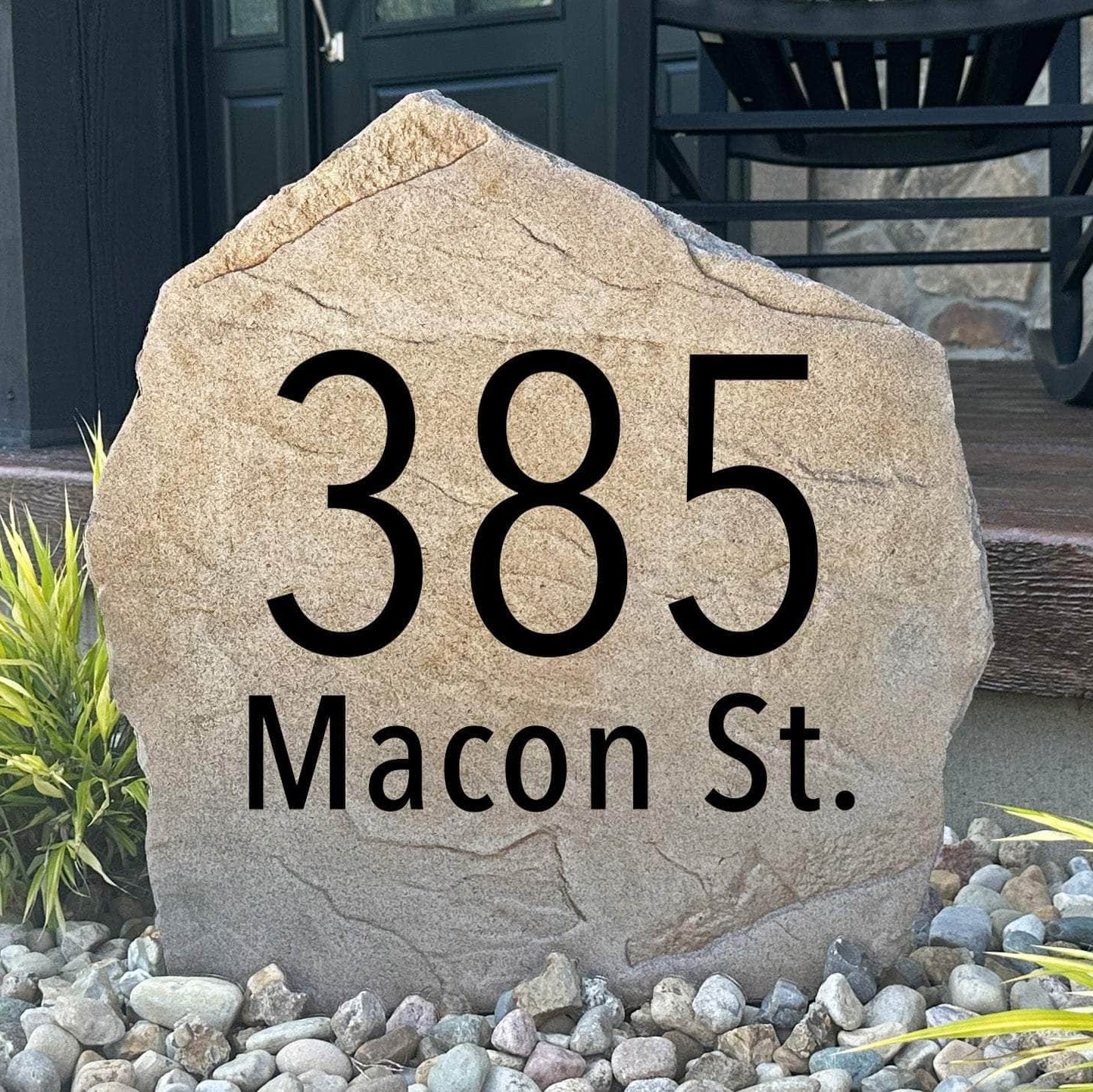 Modern Address Stone personalized with custom house numbers, bringing clean contemporary style and exceptional curb appeal to your home's entrance.