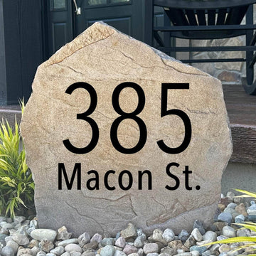 Modern Address Stone personalized with custom house numbers, bringing clean contemporary style and exceptional curb appeal to your home's entrance.