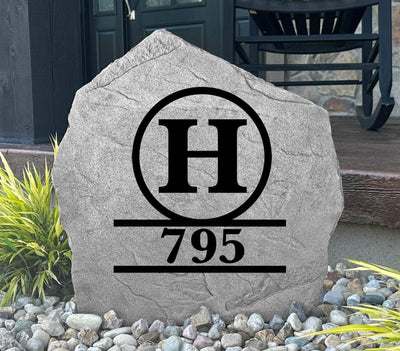 Personalized monogram address stone engraved with house numbers for yard décor