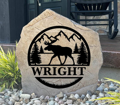 Personalized Moose Monogram name stone for outdoor garden decor.