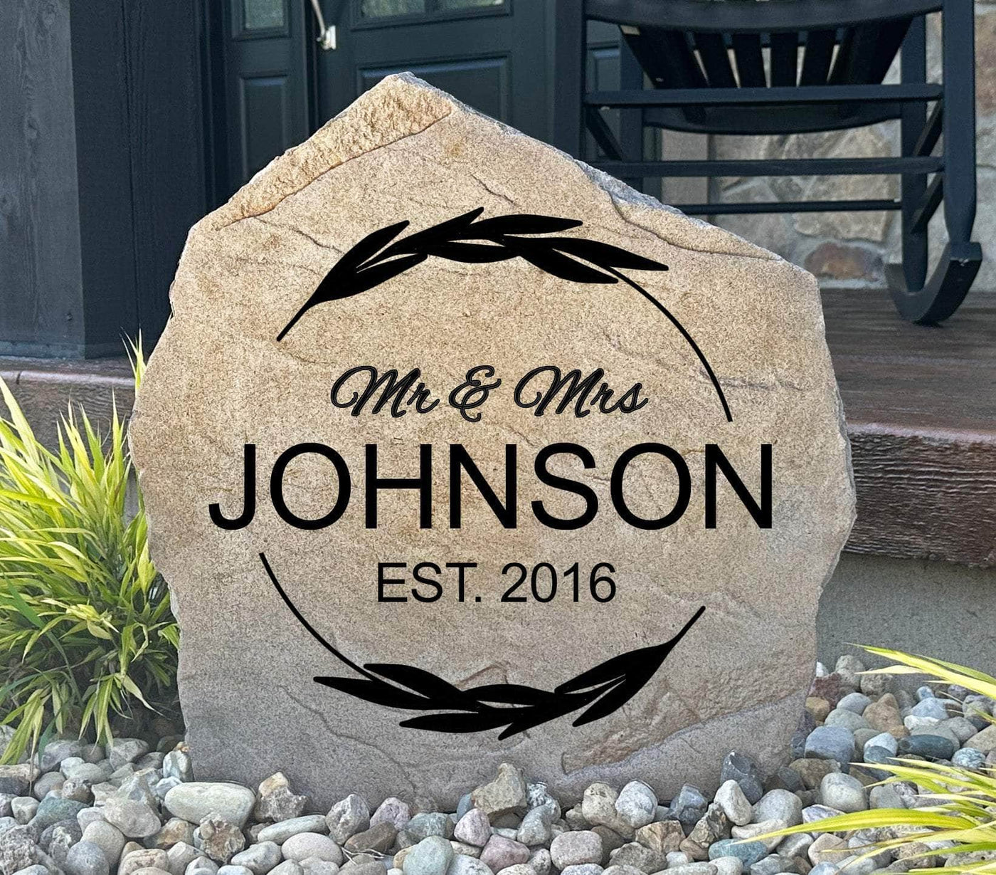 Personalized Mr & Mrs name stone for outdoor home or garden decor.