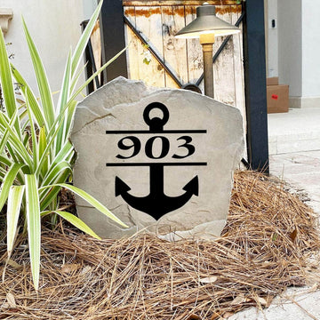 Nautical address landscape stone featuring a decorative anchor and personalized street numbers, perfect for front yards, docks, walkways, and entryways.