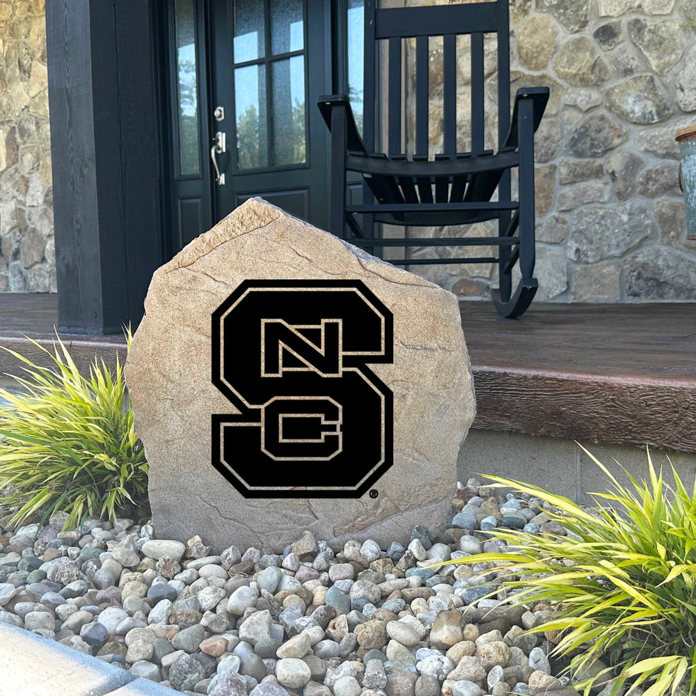 Decorative NC State Wolfpack garden stone featuring the official university logo permanently engraved into durable stone. An eye-catching addition to patios, fan spaces, outdoor kitchens, and landscape borders.