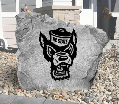 Engraved rock with NC State Wolfpack logo for outdoor display
