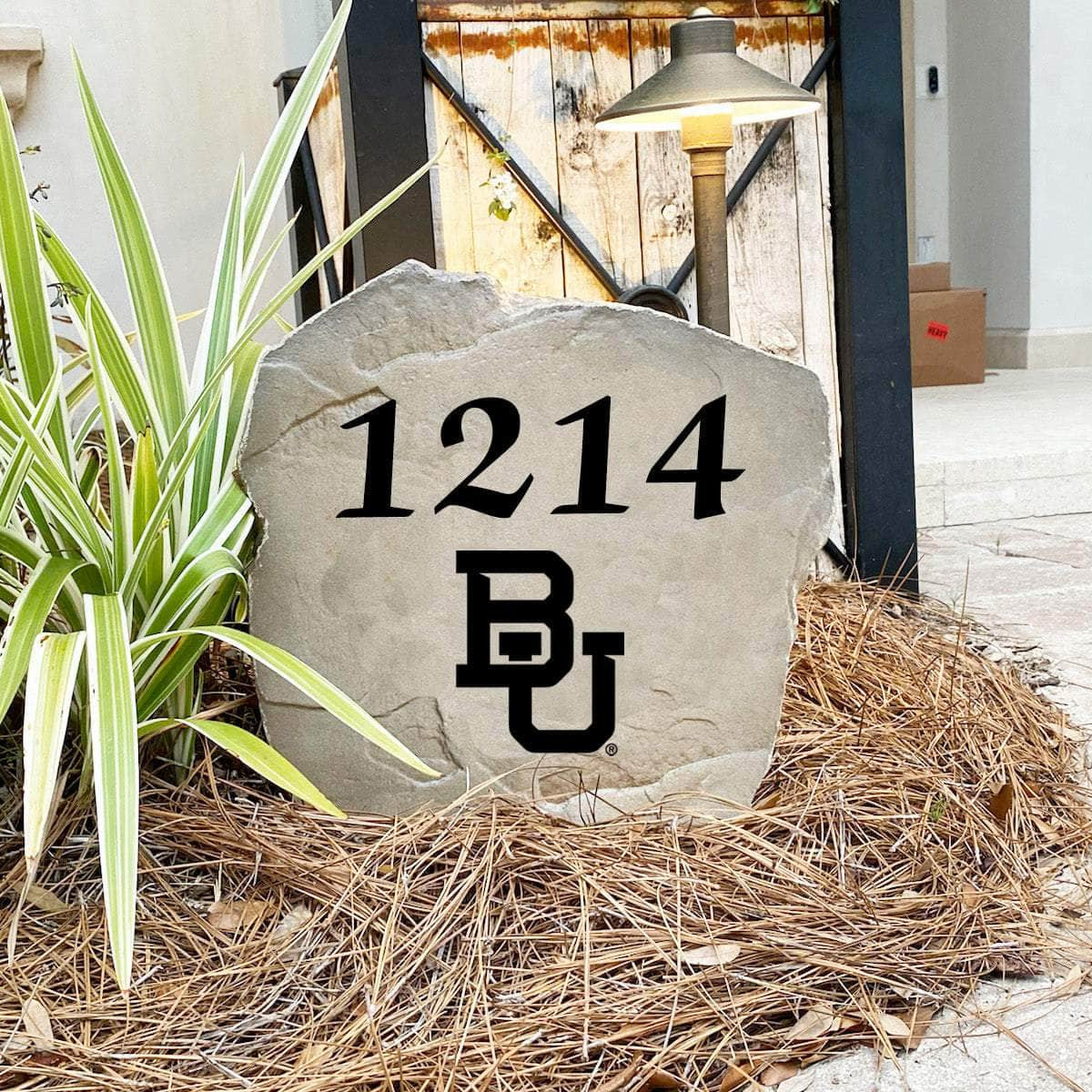 Engraved Baylor University Address Stone with custom house numbers and the Baylor Bears logo, bringing collegiate spirit and timeless style to front yard landscapes, walkways, and home entrances.