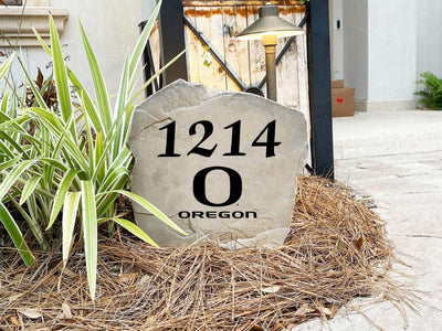 Custom NCAA address stone with bold house numbers and University of Oregon logo.