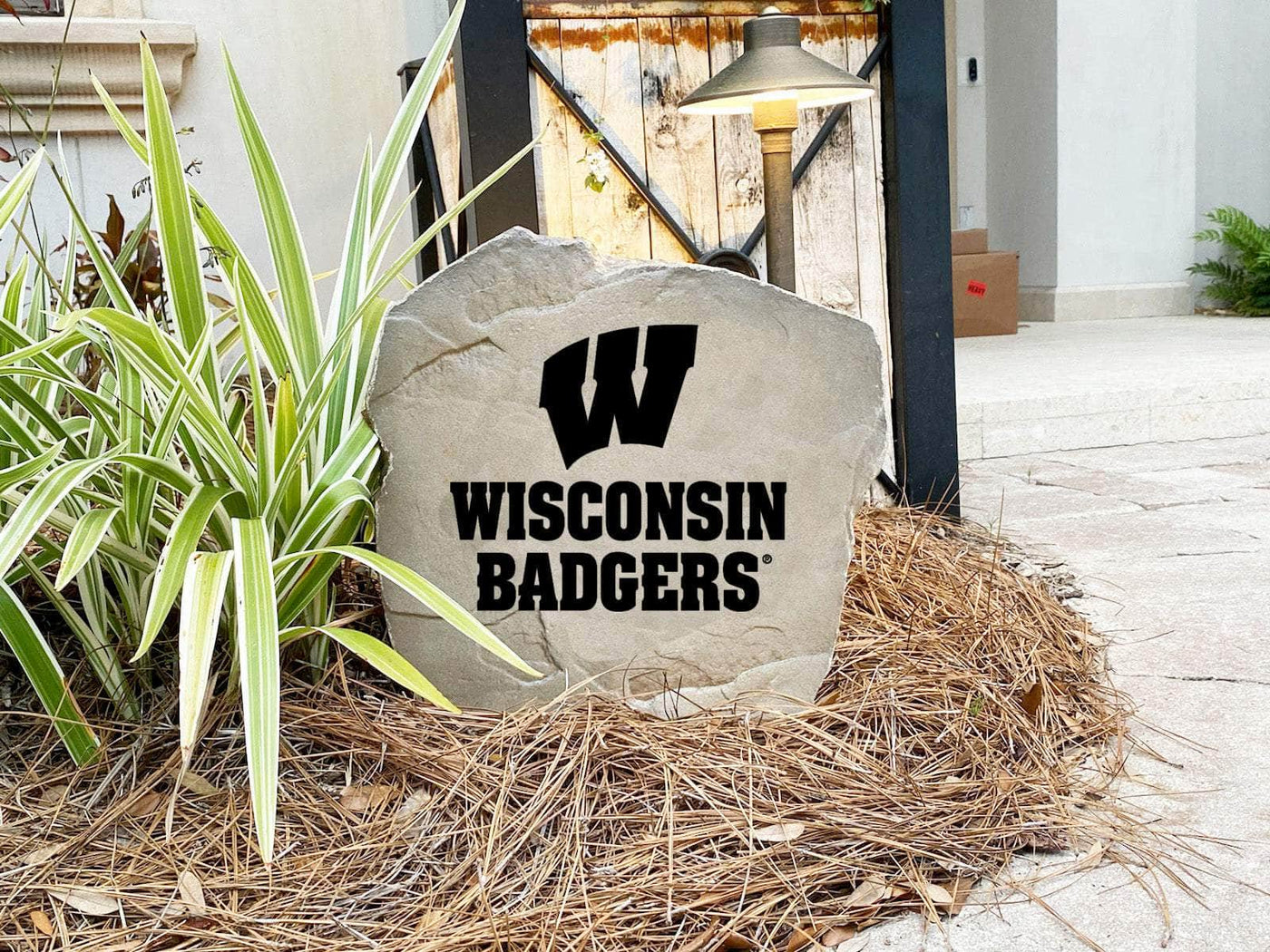 NCAA logo stone for Wisconsin supporters, great for porches or garden décor.
