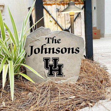 Engraved University of Houston Name Stone with a custom family name and the Houston Cougars logo, bringing collegiate spirit and timeless style to front yard landscapes, walkways, and home entrances.