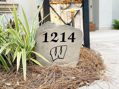 Custom NCAA address stone featuring home number and Wisconsin team pride.