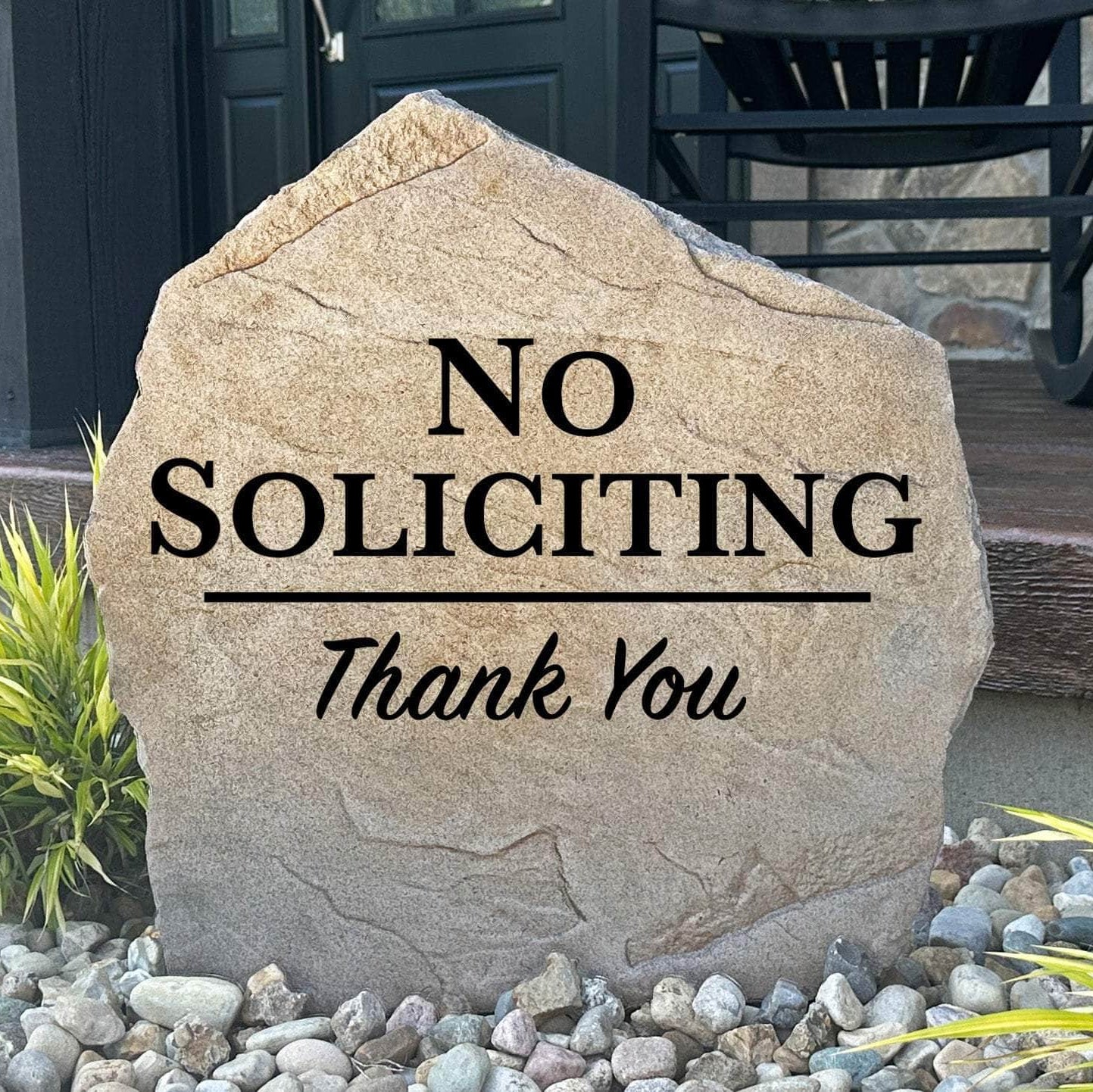 No Soliciting engraved stone providing a clear and professional message while complementing your home's landscape with timeless style.