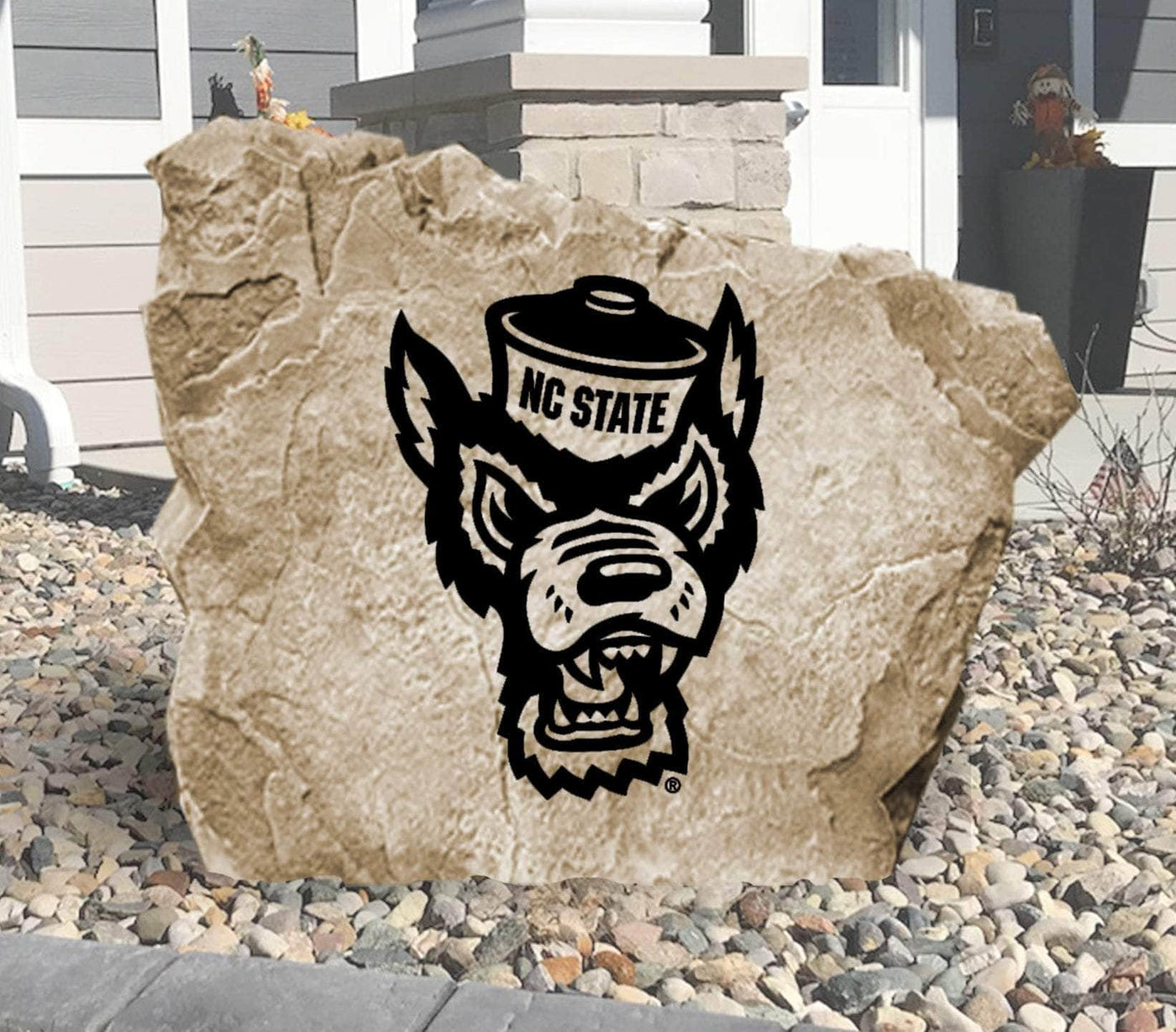 North Carolina State University stone featuring Wolfpack mascot logo