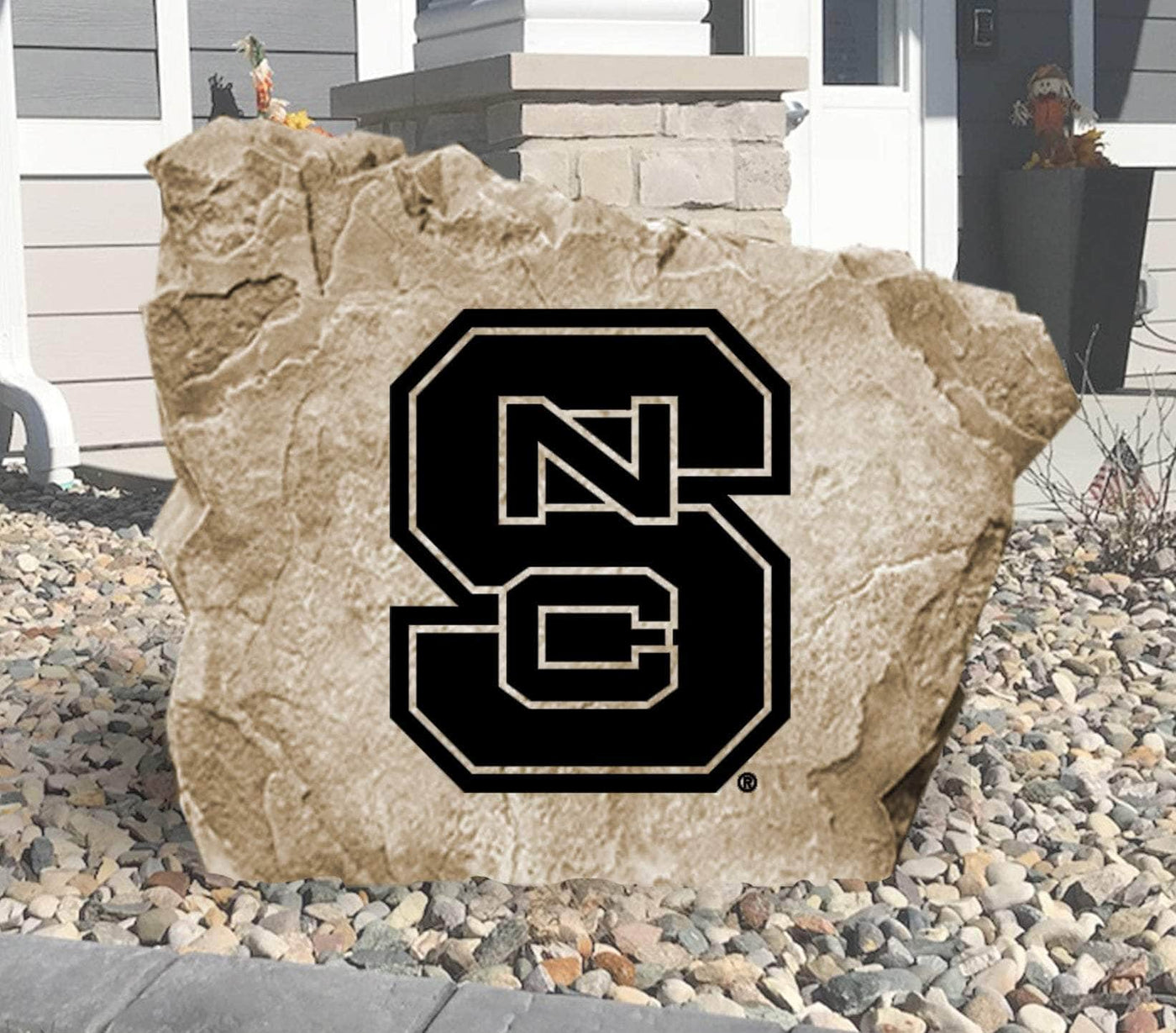 Garden stone engraved with NC State Wolfpack logo design