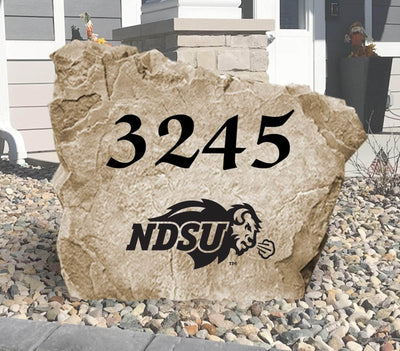 North Dakota State University address stone with engraved Bison logo