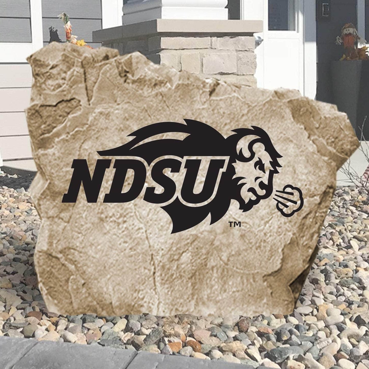 Officially licensed North Dakota State University logo stone featuring the iconic Bison emblem as a striking addition to outdoor landscaping and garden displays.