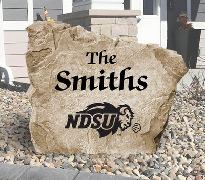 North Dakota State University name stone with engraved Bison logo