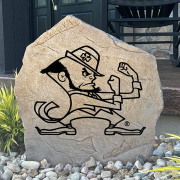 Officially licensed University of Notre Dame Leprechaun Stone featuring the iconic Fighting Irish Leprechaun logo engraved directly into the stone surface. This decorative garden stone adds school pride and curb appeal to front yards, patios, gardens, and entryways.