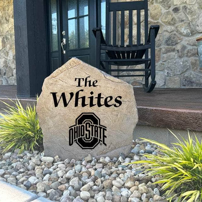 Decorative Ohio State Buckeyes Name Stone featuring personalized family names permanently engraved into the stone surface alongside the official team logo. Perfect for gardens, patios, and entryways, this outdoor accent celebrates Ohio State pride and tradition.