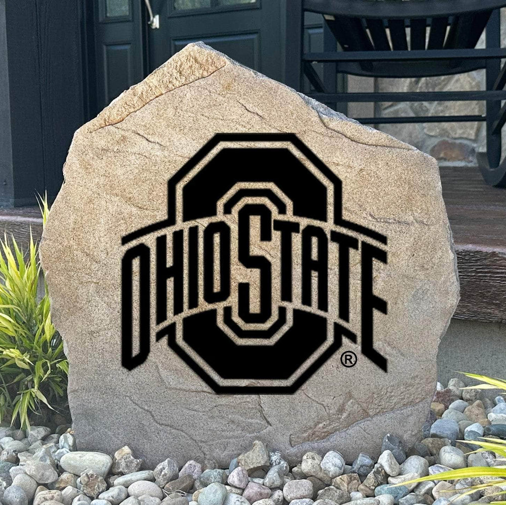 Officially licensed Ohio State University Logo Stone featuring the iconic Ohio State Buckeyes logo engraved directly into the stone surface. This decorative garden stone adds school spirit and curb appeal to front yards, patios, gardens, and entryways.