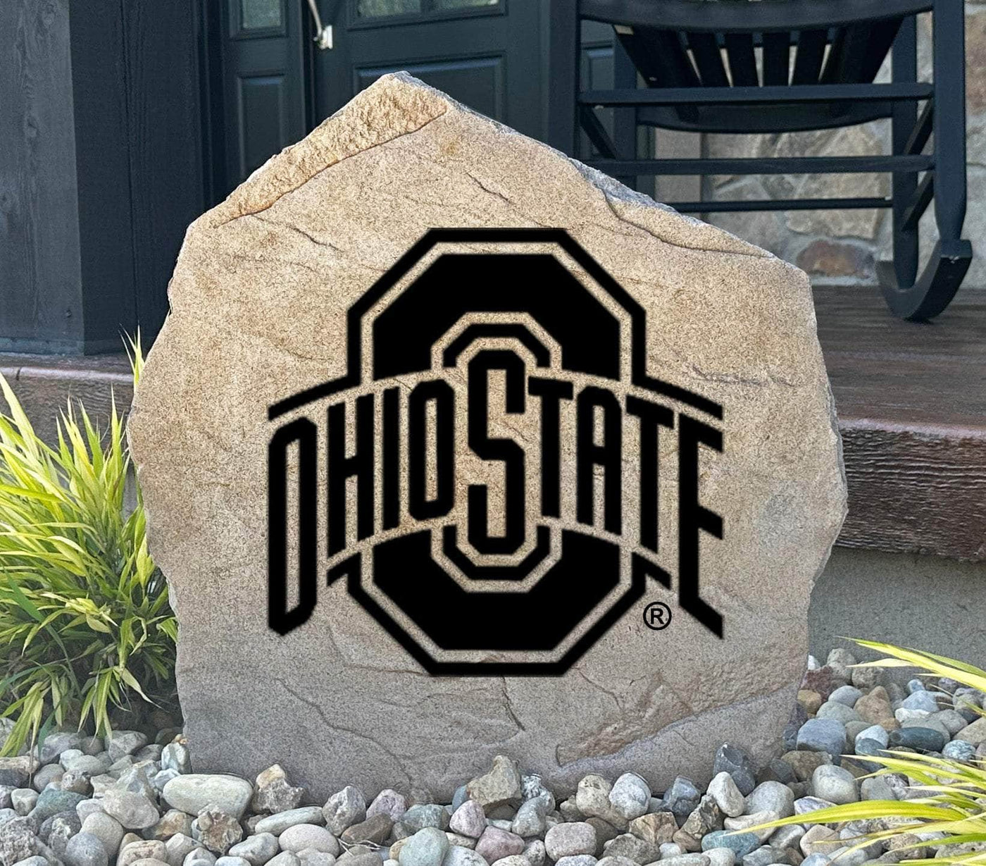 Engraved Ohio State University logo on decorative stone