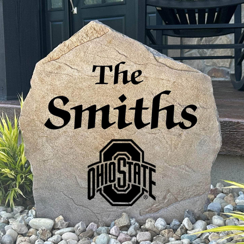 Officially licensed Ohio State University Name Stone featuring a personalized family name and the iconic Ohio State Buckeyes logo engraved directly into the stone surface. This custom garden stone adds school pride and curb appeal to front yards, patios, gardens, and entryways.