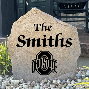 Officially licensed Ohio State University Name Stone featuring a personalized family name and the iconic Ohio State Buckeyes logo engraved directly into the stone surface. This custom garden stone adds school pride and curb appeal to front yards, patios, gardens, and entryways.