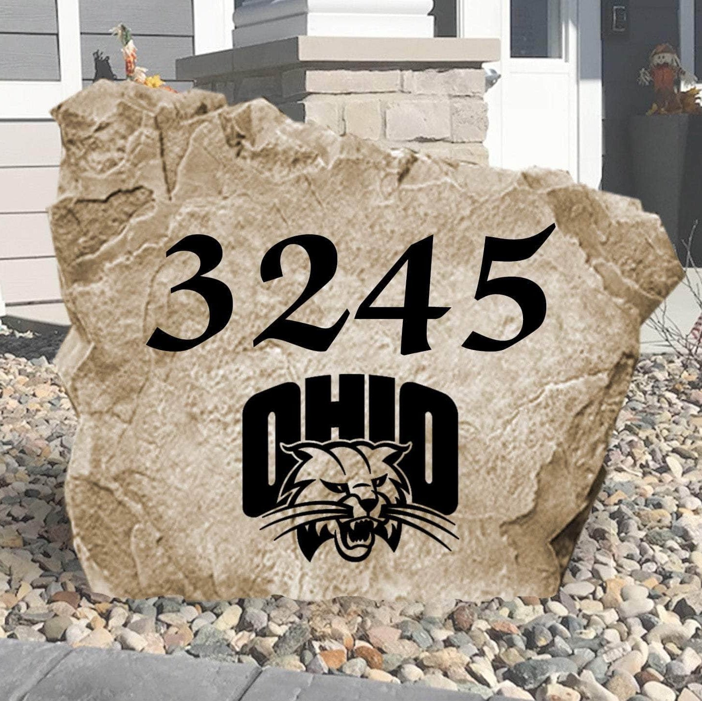 Personalized Ohio University address stone engraved with custom house numbers, creating a welcoming Bobcats-inspired entrance for your home's landscape.
