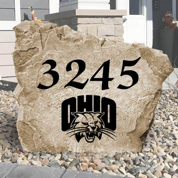 Personalized Ohio University address stone engraved with custom house numbers, creating a welcoming Bobcats-inspired entrance for your home's landscape.