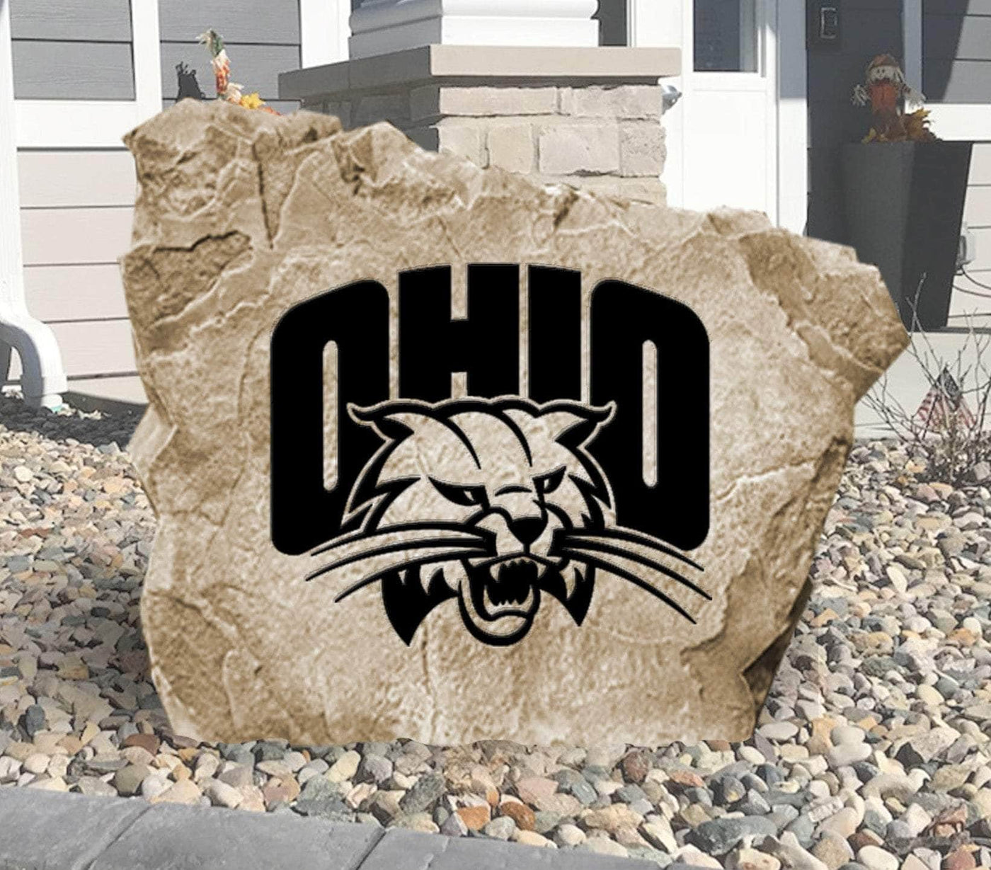 Ohio University logo stone featuring the Bobcats design.